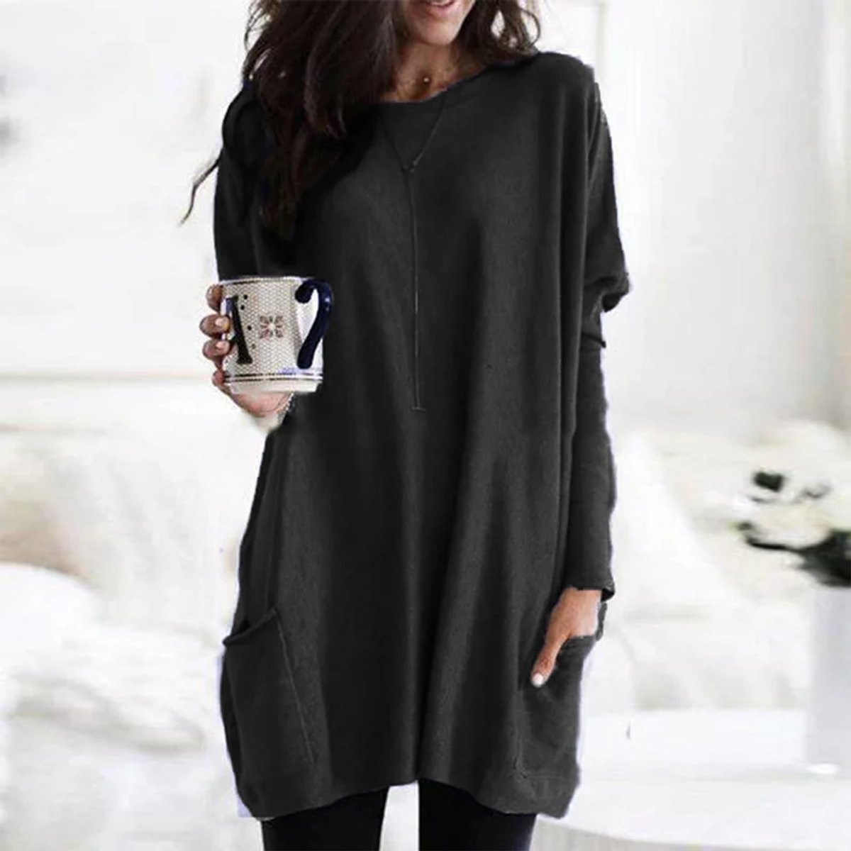 Women's Oversized Long Sleeve Tunic | Crew Neck, Two Patch Pockets, Wear Over Leggings | Sizes S-5XL | 9 Colors