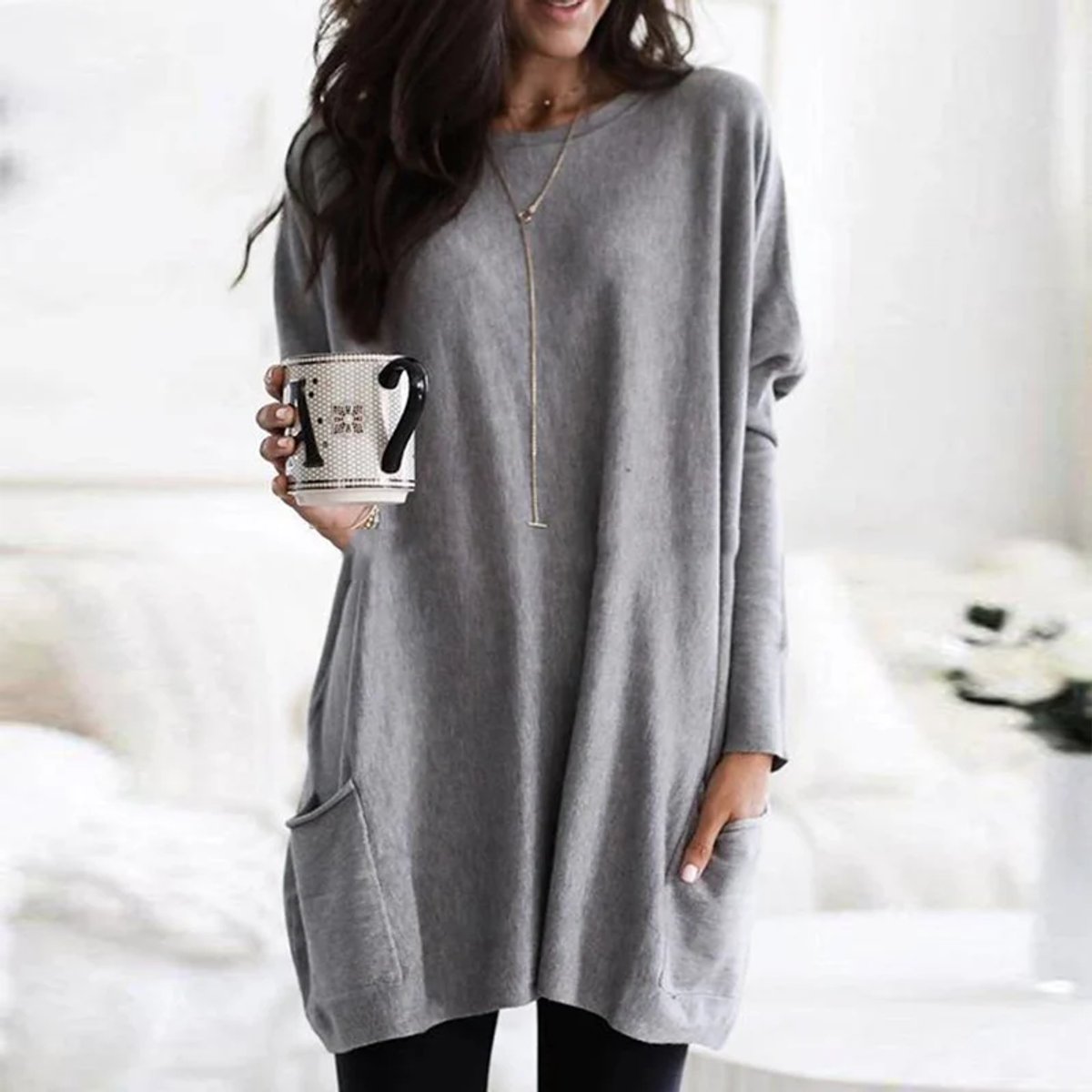 Women's Oversized Long Sleeve Tunic | Crew Neck, Two Patch Pockets, Wear Over Leggings | Sizes S-5XL | 9 Colors