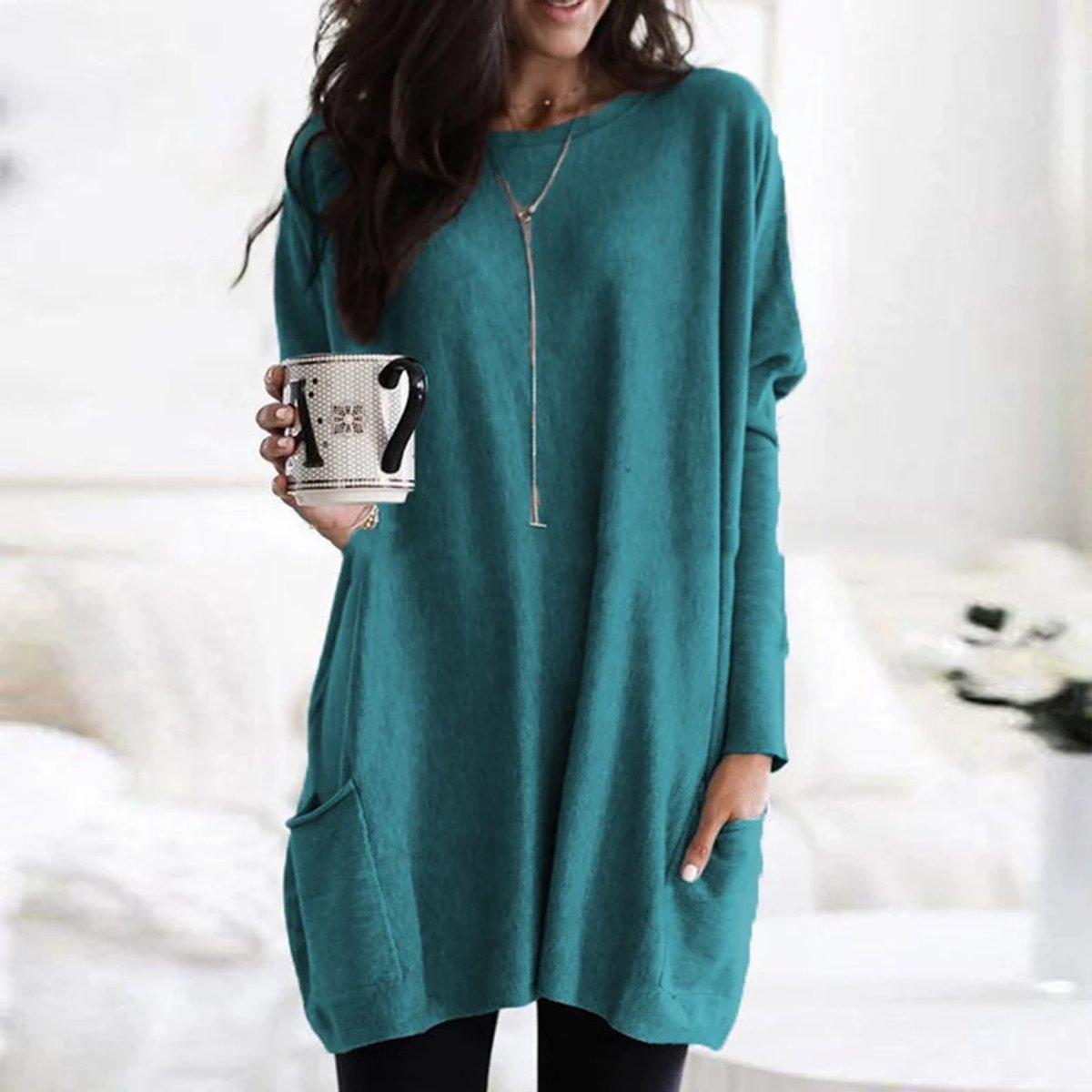 Women's Oversized Long Sleeve Tunic | Crew Neck, Two Patch Pockets, Wear Over Leggings | Sizes S-5XL | 9 Colors