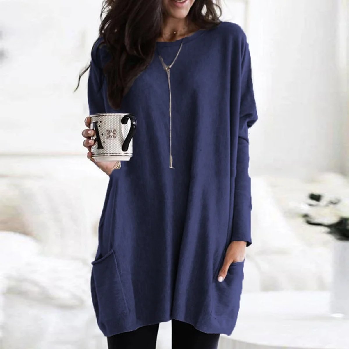 Women's Oversized Long Sleeve Tunic | Crew Neck, Two Patch Pockets, Wear Over Leggings | Sizes S-5XL | 9 Colors