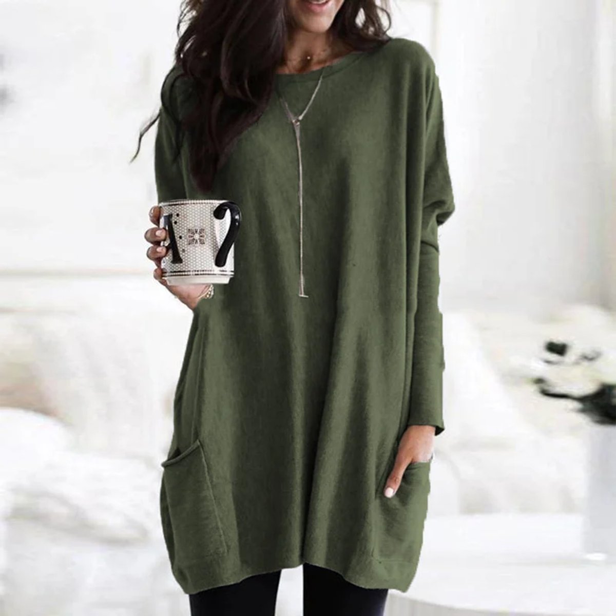 Women's Oversized Long Sleeve Tunic | Crew Neck, Two Patch Pockets, Wear Over Leggings | Sizes S-5XL | 9 Colors