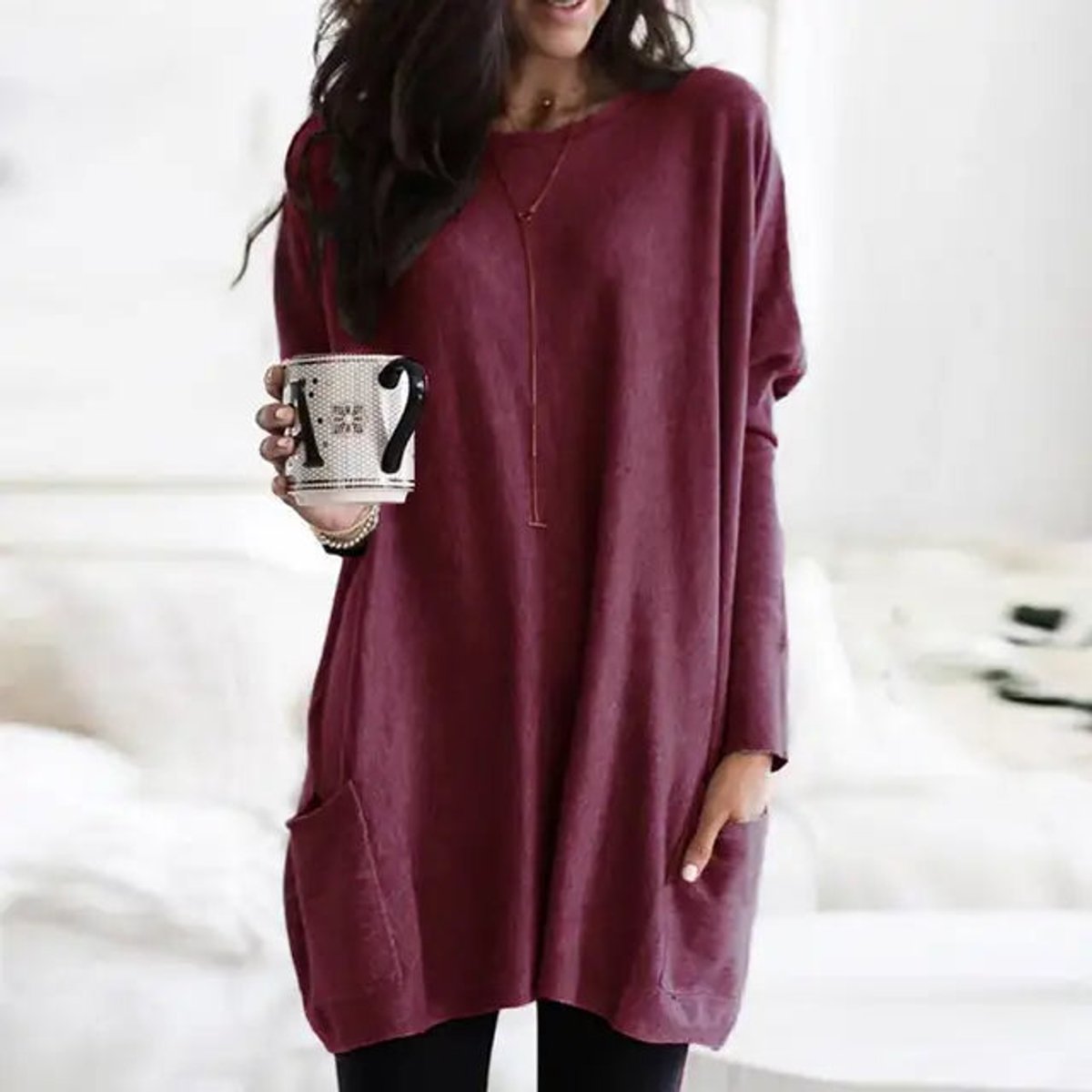 Women's Oversized Long Sleeve Tunic | Crew Neck, Two Patch Pockets, Wear Over Leggings | Sizes S-5XL | 9 Colors