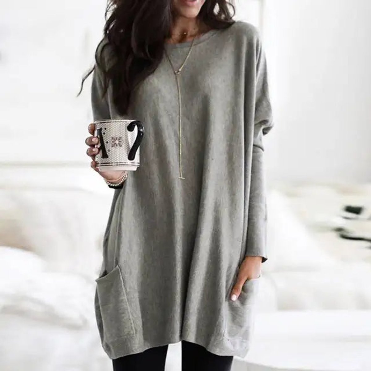 Women's Oversized Long Sleeve Tunic | Crew Neck, Two Patch Pockets, Wear Over Leggings | Sizes S-5XL | 9 Colors