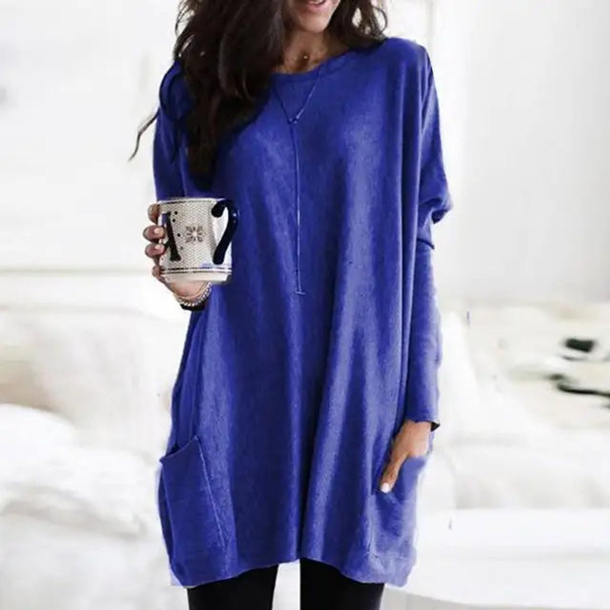 Women's Oversized Long Sleeve Tunic | Crew Neck, Two Patch Pockets, Wear Over Leggings | Sizes S-5XL | 9 Colors