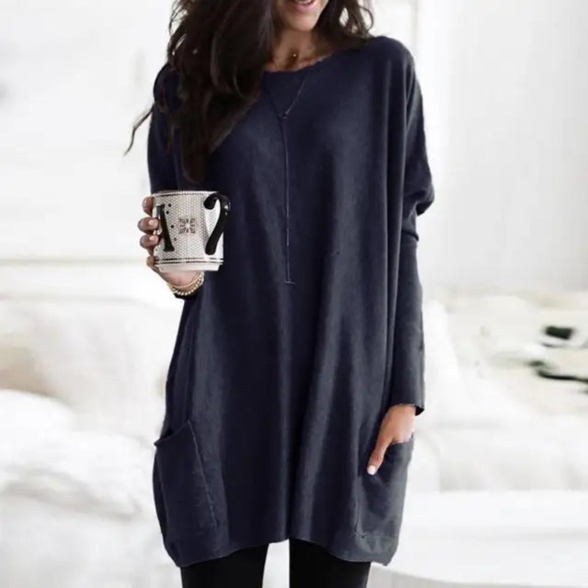 Women's Oversized Long Sleeve Tunic | Crew Neck, Two Patch Pockets, Wear Over Leggings | Sizes S-5XL | 9 Colors
