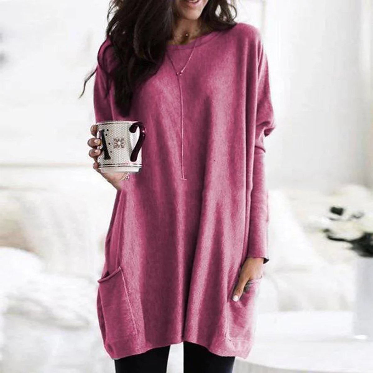 Women's Oversized Long Sleeve Tunic | Crew Neck, Two Patch Pockets, Wear Over Leggings | Sizes S-5XL | 9 Colors