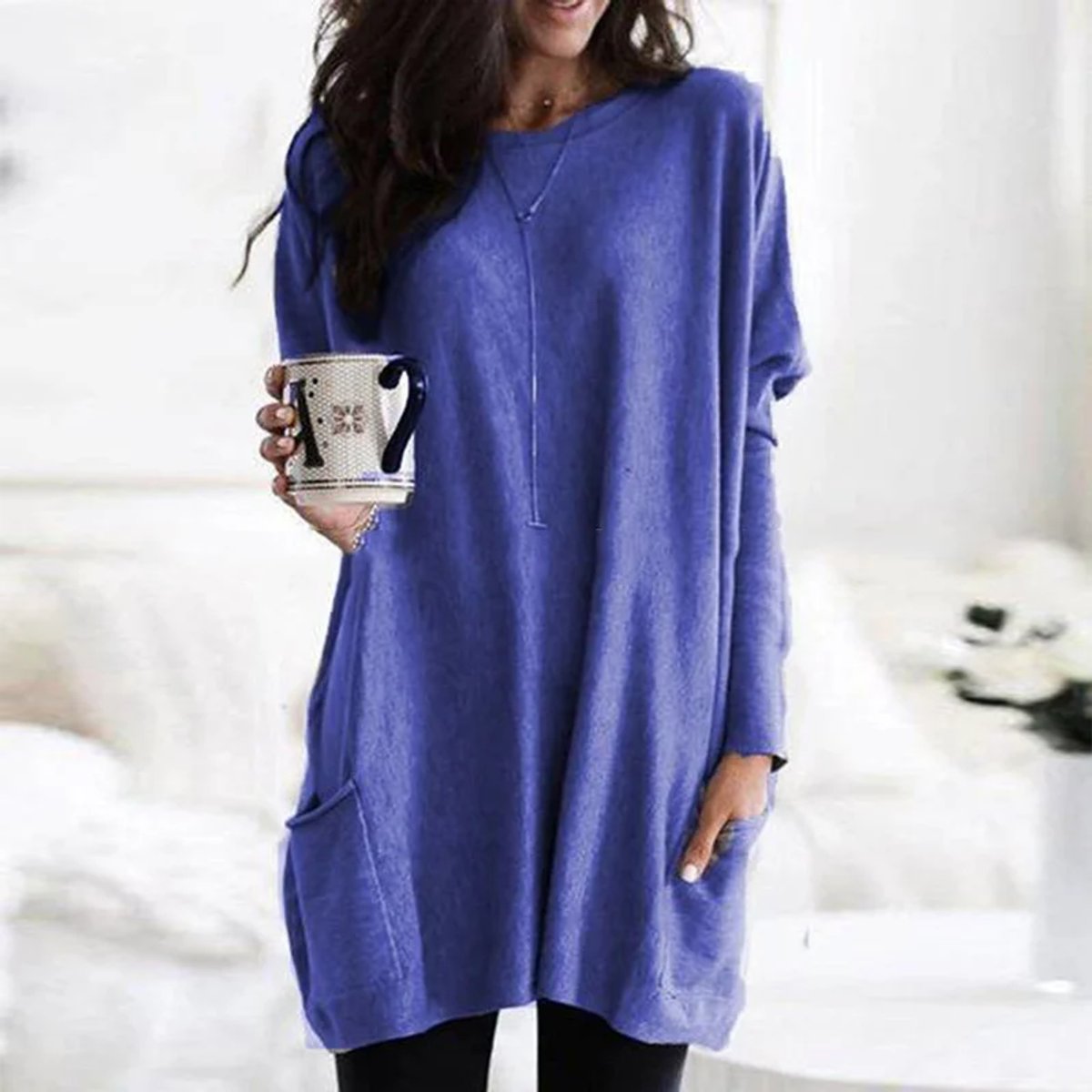 Women's Oversized Long Sleeve Tunic | Crew Neck, Two Patch Pockets, Wear Over Leggings | Sizes S-5XL | 9 Colors