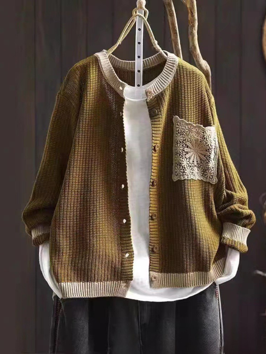 Women's Button-Front Knit Cardigan | Lace Chest Pocket, Ribbed Cuffs and Hem, Relaxed Fit | Sizes S-3XL | 9 Colors