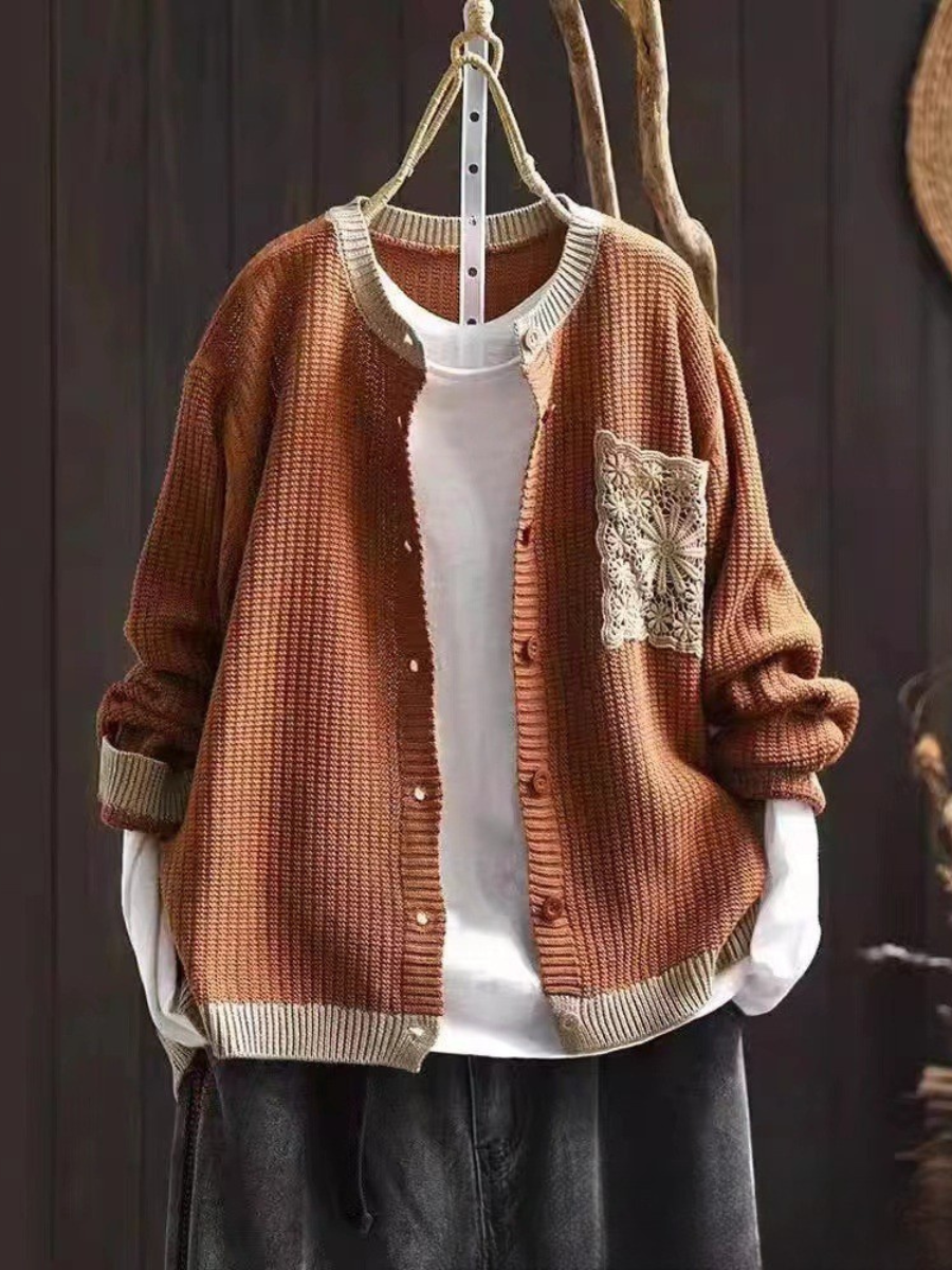Women's Button-Front Knit Cardigan | Lace Chest Pocket, Ribbed Cuffs and Hem, Relaxed Fit | Sizes S-3XL | 9 Colors