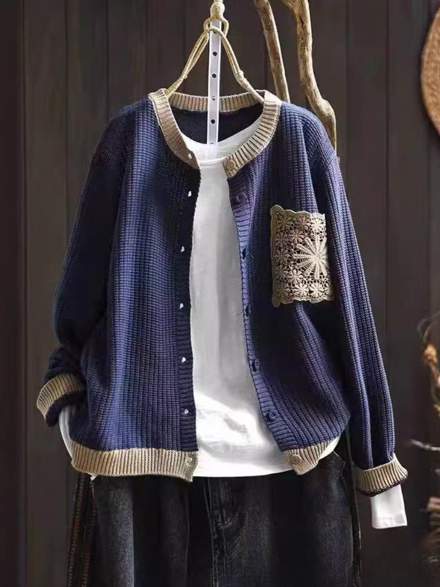 Women's Button-Front Knit Cardigan | Lace Chest Pocket, Ribbed Cuffs and Hem, Relaxed Fit | Sizes S-3XL | 9 Colors