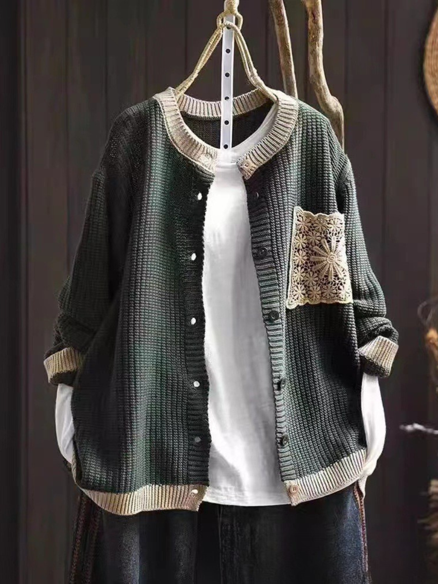 Women's Button-Front Knit Cardigan | Lace Chest Pocket, Ribbed Cuffs and Hem, Relaxed Fit | Sizes S-3XL | 9 Colors