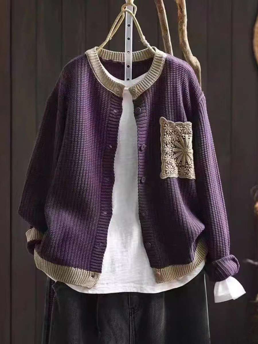 Women's Button-Front Knit Cardigan | Lace Chest Pocket, Ribbed Cuffs and Hem, Relaxed Fit | Sizes S-3XL | 9 Colors