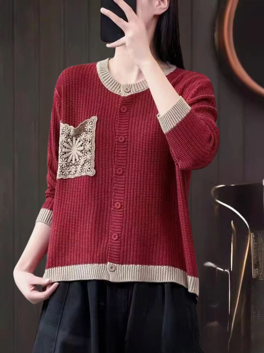 Women's Button-Front Knit Cardigan | Lace Chest Pocket, Ribbed Cuffs and Hem, Relaxed Fit | Sizes S-3XL | 9 Colors