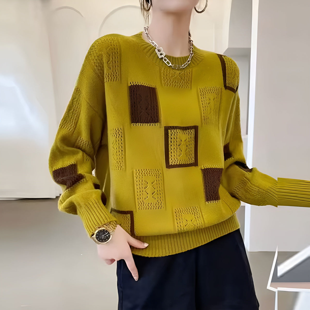 Women's Square Pattern Knit Sweater | Textured Grid Design, Loose Drape, Easy Layering | One Size | White, Black, Yellow