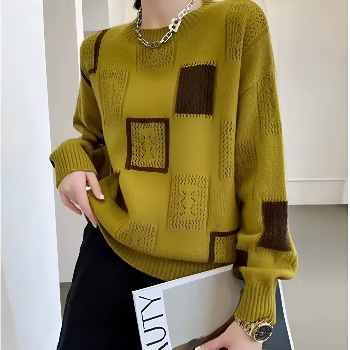 Women's Square Pattern Knit Sweater | Textured Grid Design, Loose Drape, Easy Layering | One Size | White, Black, Yellow