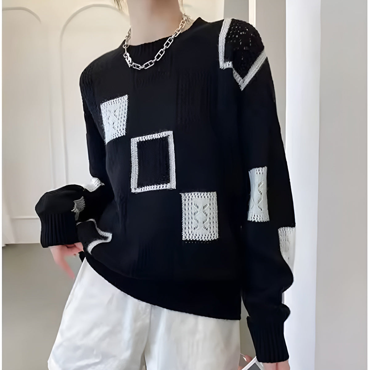 Women's Square Pattern Knit Sweater | Textured Grid Design, Loose Drape, Easy Layering | One Size | White, Black, Yellow