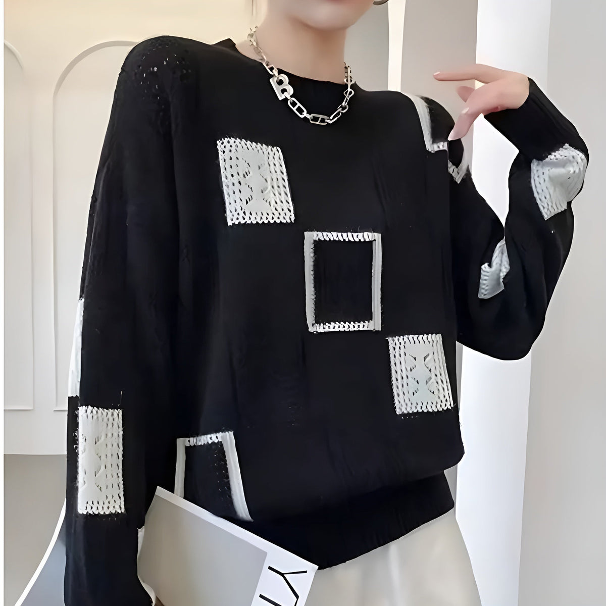 Women's Square Pattern Knit Sweater | Textured Grid Design, Loose Drape, Easy Layering | One Size | White, Black, Yellow