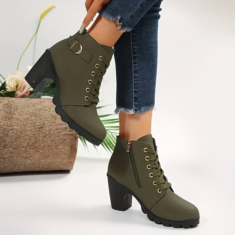 Women's Lace Up Ankle Boots with Side Zip | Chunky Block Heel, Treaded Non-Slip Sole | 5 Colors