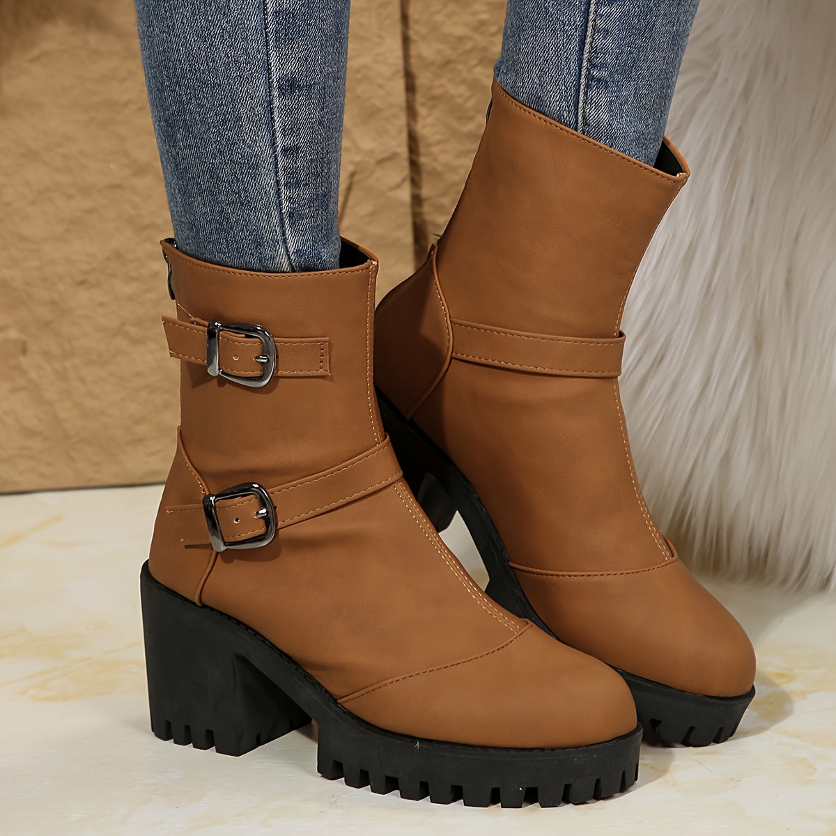 Women's Platform Ankle Boots with Block Heel | Double Adjustable Buckle, Lug Sole, Side Zip | Size 5.5-10.5