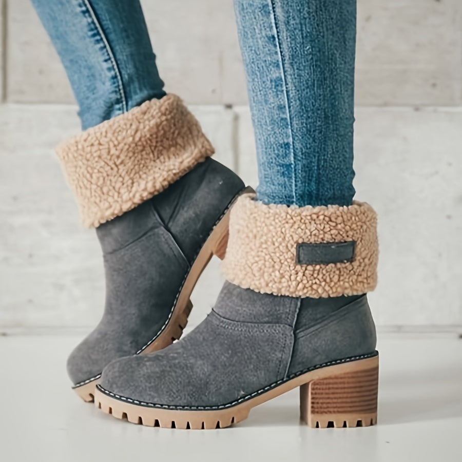 Women's Fleece-Lined Ankle Boots | Rolled Fleece Cuff, Block Heel, Lug Sole, Pull-On | US 5.5-12 | 6 Colors