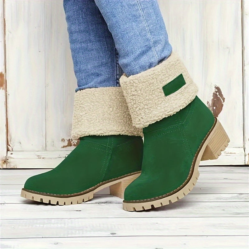 Women's Fleece-Lined Ankle Boots | Rolled Fleece Cuff, Block Heel, Lug Sole, Pull-On | US 5.5-12 | 6 Colors