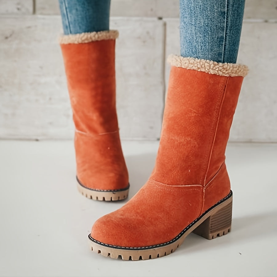 Women's Fleece-Lined Ankle Boots | Rolled Fleece Cuff, Block Heel, Lug Sole, Pull-On | US 5.5-12 | 6 Colors