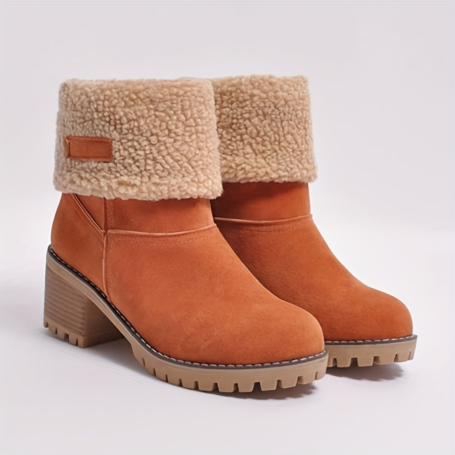 Women's Fleece-Lined Ankle Boots | Rolled Fleece Cuff, Block Heel, Lug Sole, Pull-On | US 5.5-12 | 6 Colors