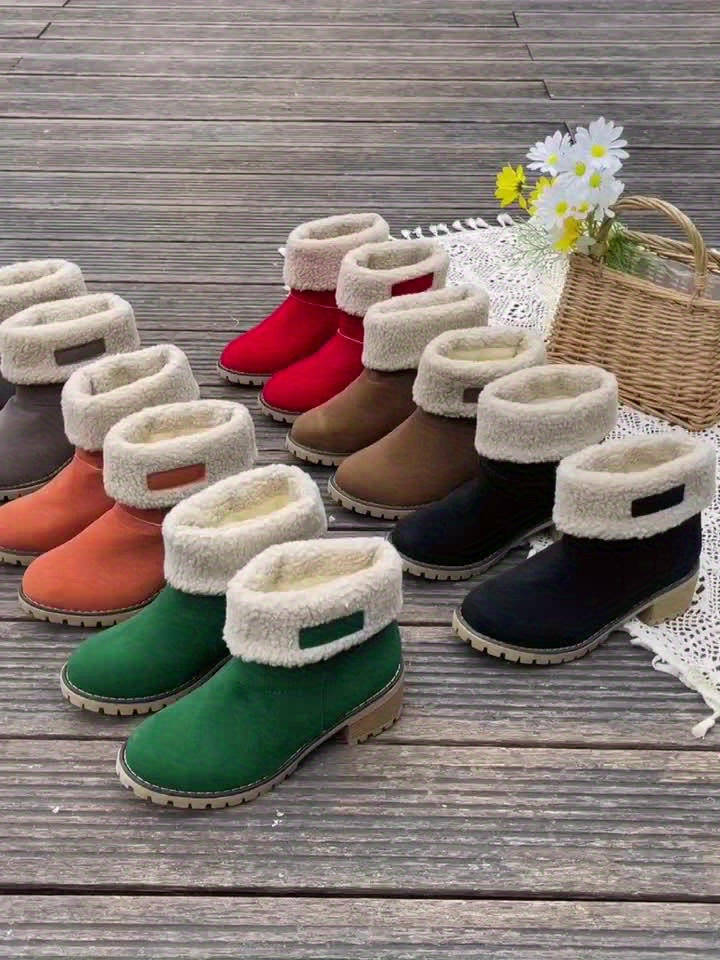 Women's Fleece-Lined Ankle Boots | Rolled Fleece Cuff, Block Heel, Lug Sole, Pull-On | US 5.5-12 | 6 Colors