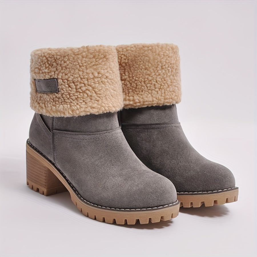 Women's Fleece-Lined Ankle Boots | Rolled Fleece Cuff, Block Heel, Lug Sole, Pull-On | US 5.5-12 | 6 Colors
