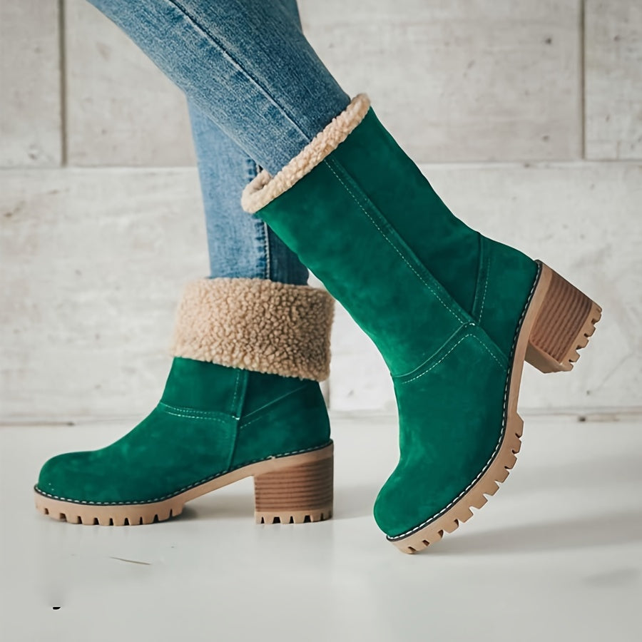 Women's Fleece-Lined Ankle Boots | Rolled Fleece Cuff, Block Heel, Lug Sole, Pull-On | US 5.5-12 | 6 Colors