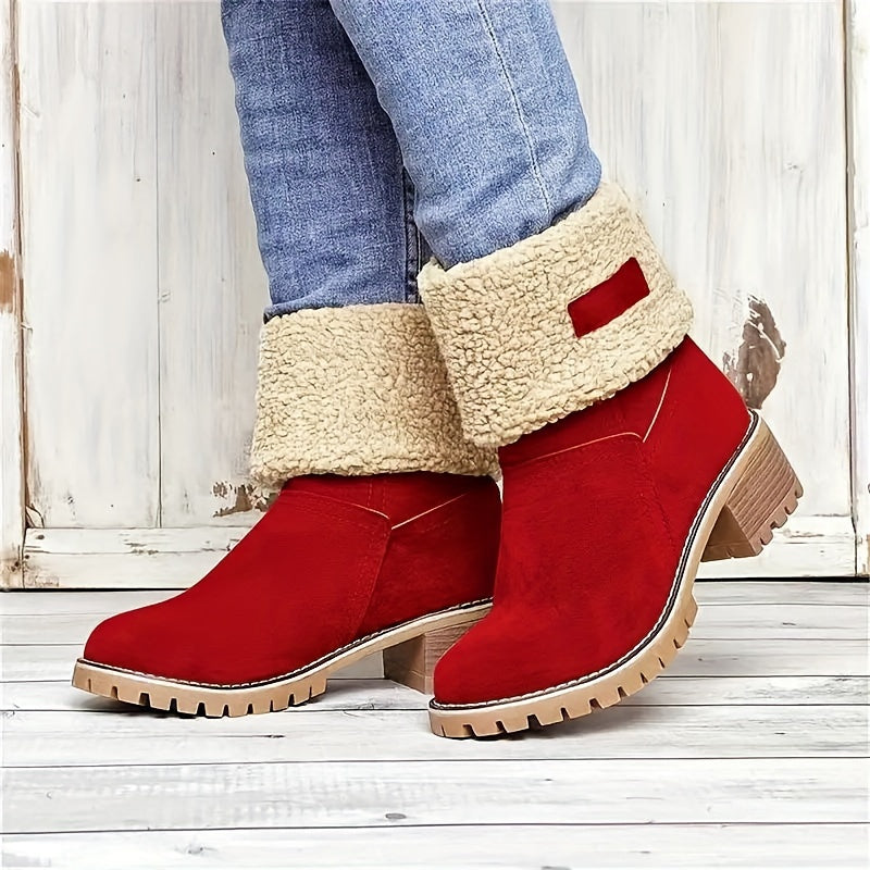 Women's Fleece-Lined Ankle Boots | Rolled Fleece Cuff, Block Heel, Lug Sole, Pull-On | US 5.5-12 | 6 Colors