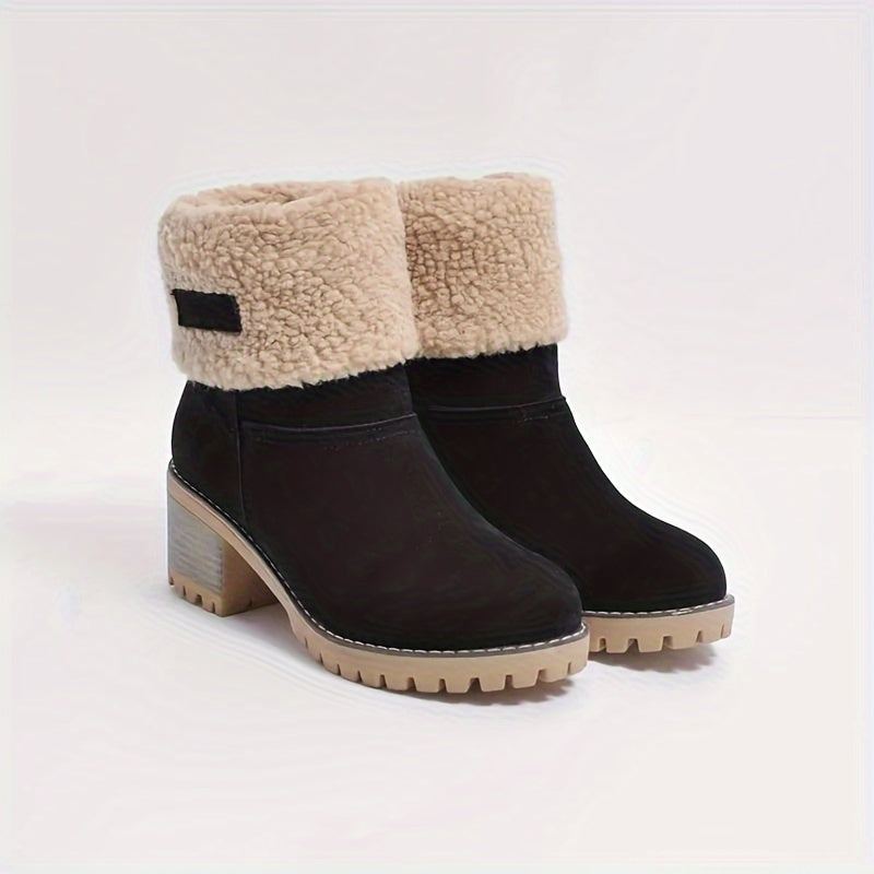 Women's Fleece-Lined Ankle Boots | Rolled Fleece Cuff, Block Heel, Lug Sole, Pull-On | US 5.5-12 | 6 Colors