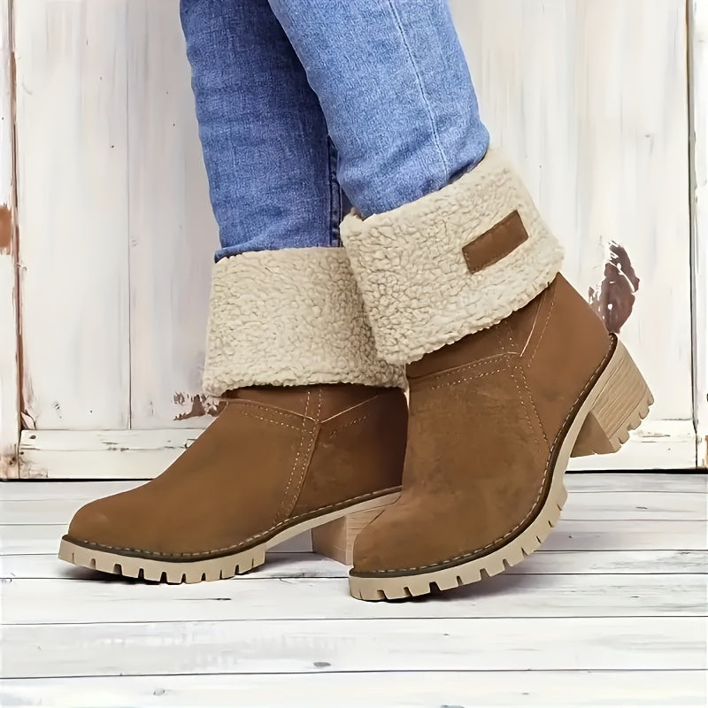 Women's Fleece-Lined Ankle Boots | Rolled Fleece Cuff, Block Heel, Lug Sole, Pull-On | US 5.5-12 | 6 Colors