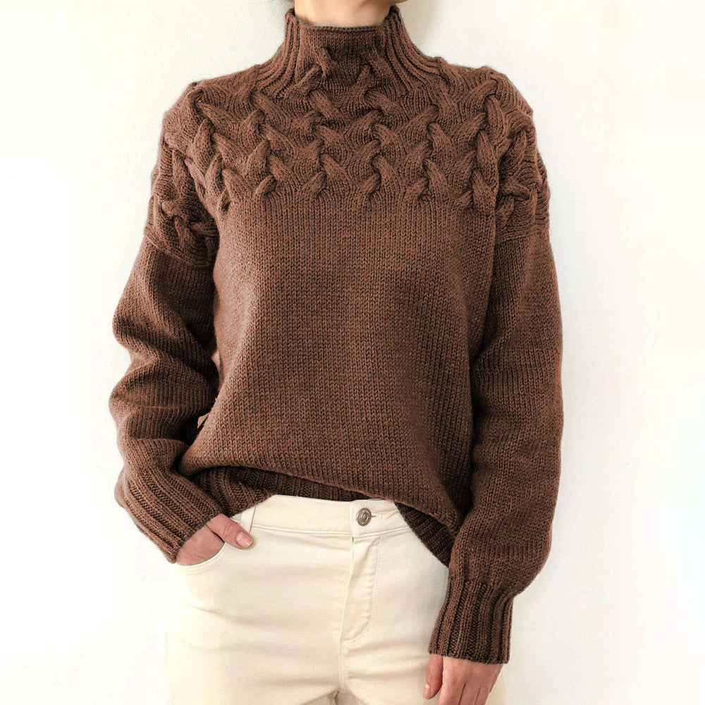 Women's Cable Knit Turtleneck Sweater | Chunky Braided Yoke, Ribbed Cuffs and Hem, Relaxed Layering Fit | 14 Colors