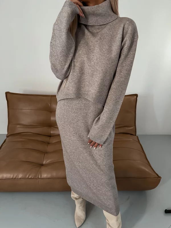 Women's Two Piece Midi Knit Dress and Turtleneck Sweater | Matching Set with a Loose Fit | Sizes S-3XL, 3 Colors