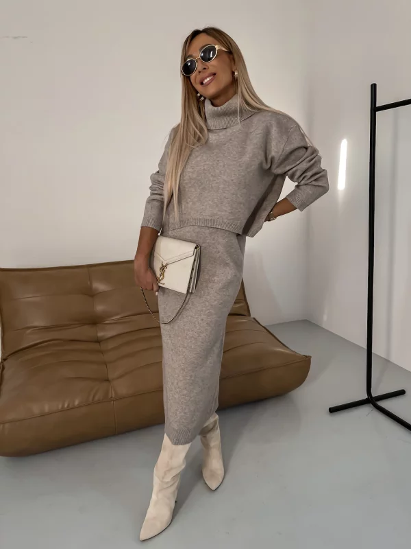 Women's Two Piece Midi Knit Dress and Turtleneck Sweater | Matching Set with a Loose Fit | Sizes S-3XL, 3 Colors