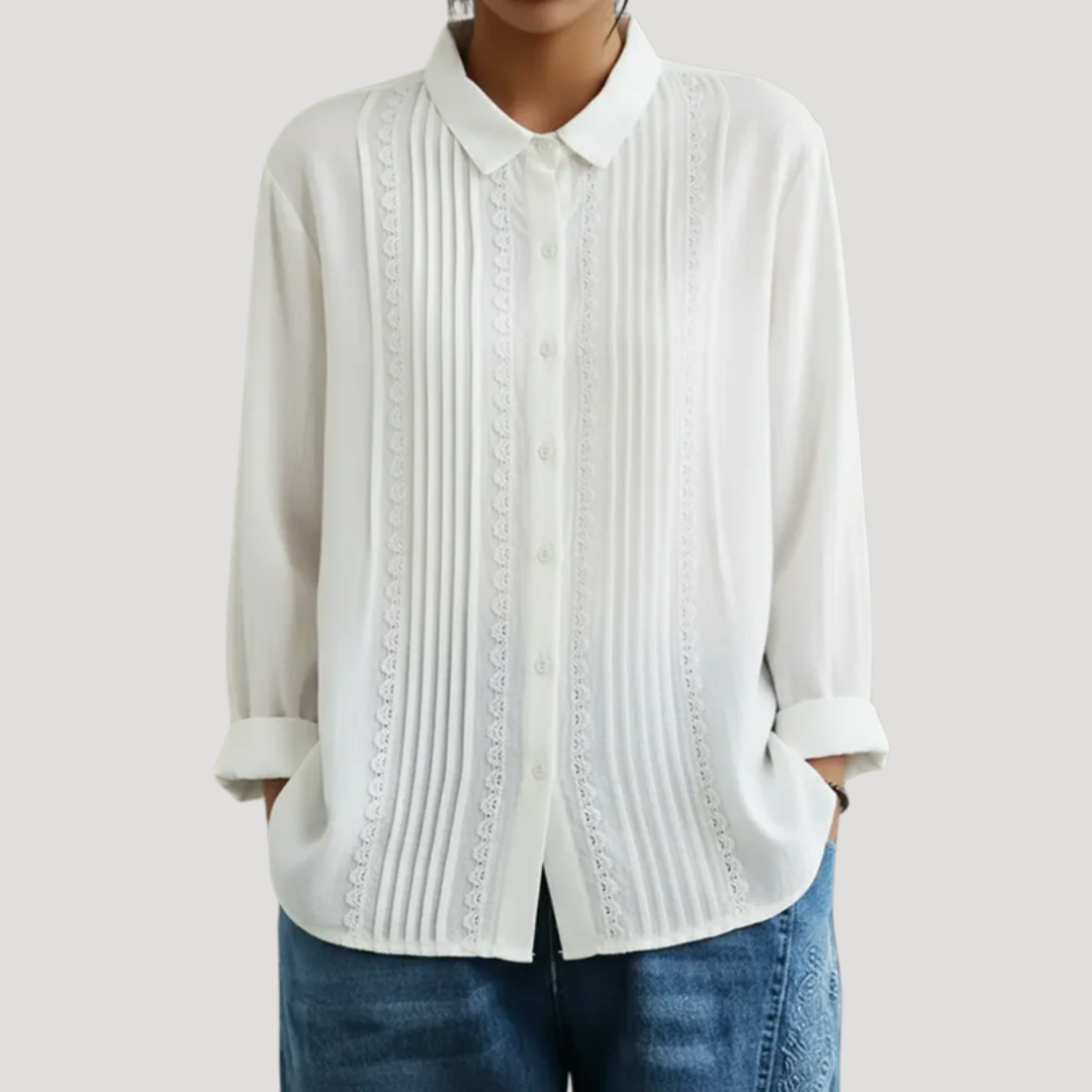 Women's Pleated Button-Front Blouse | Lace Panel Accents, Classic Collar, Long Sleeves | Sizes S-5XL | 5 Colors