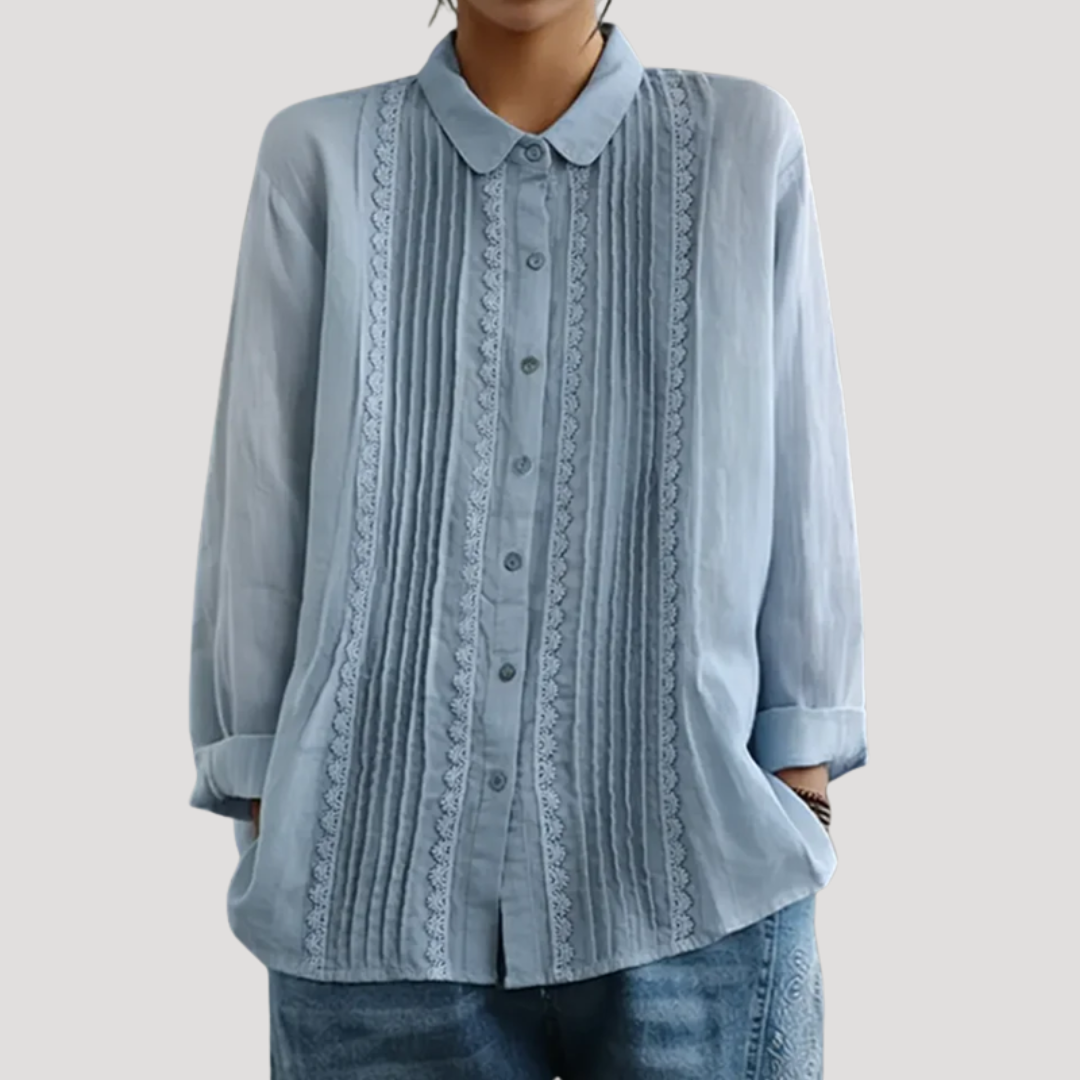 Women's Pleated Button-Front Blouse | Lace Panel Accents, Classic Collar, Long Sleeves | Sizes S-5XL | 5 Colors