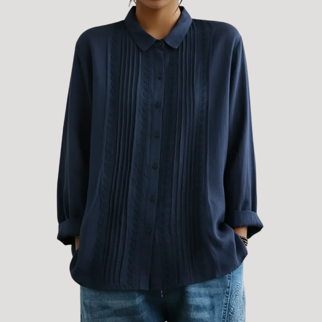 Women's Pleated Button-Front Blouse | Lace Panel Accents, Classic Collar, Long Sleeves | Sizes S-5XL | 5 Colors