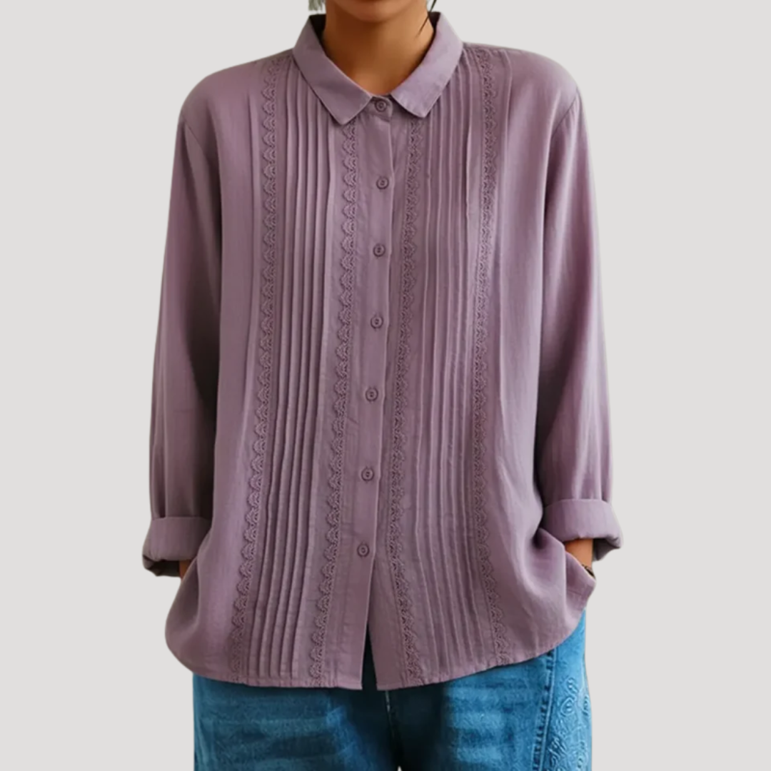 Women's Pleated Button-Front Blouse | Lace Panel Accents, Classic Collar, Long Sleeves | Sizes S-5XL | 5 Colors