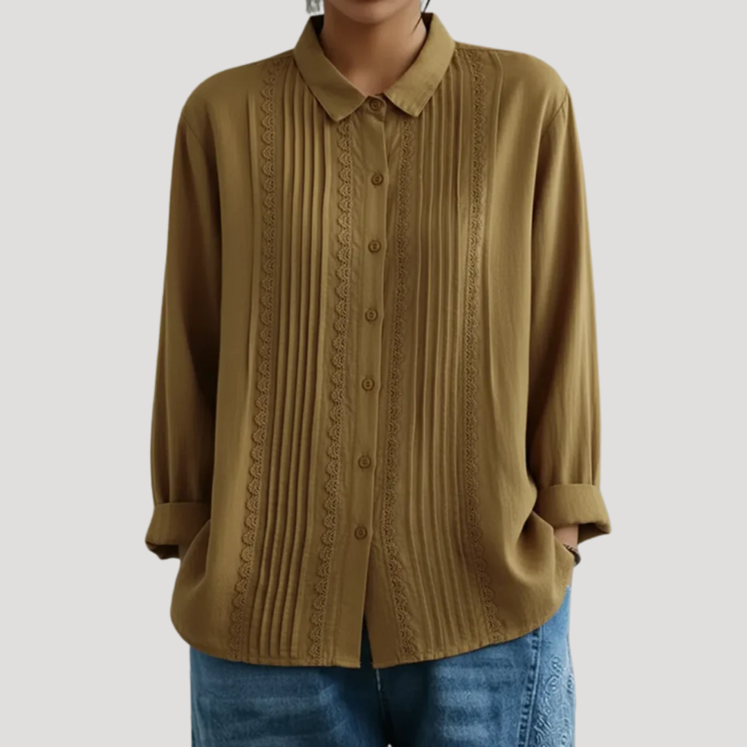 Women's Pleated Button-Front Blouse | Lace Panel Accents, Classic Collar, Long Sleeves | Sizes S-5XL | 5 Colors