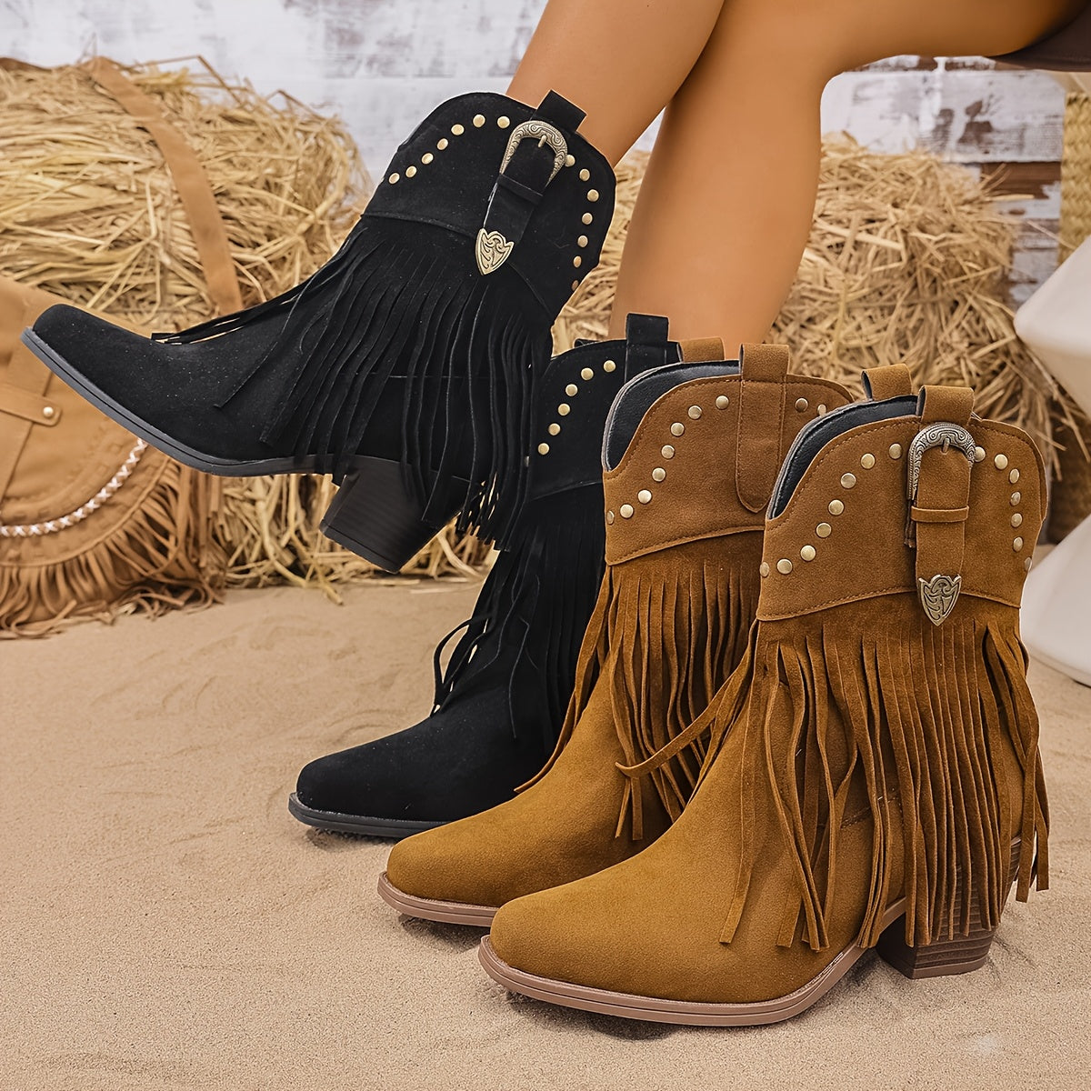 Women's Black Boots with Block Heel and Embroidery | Size 5.5-12 | Light Brown, Black