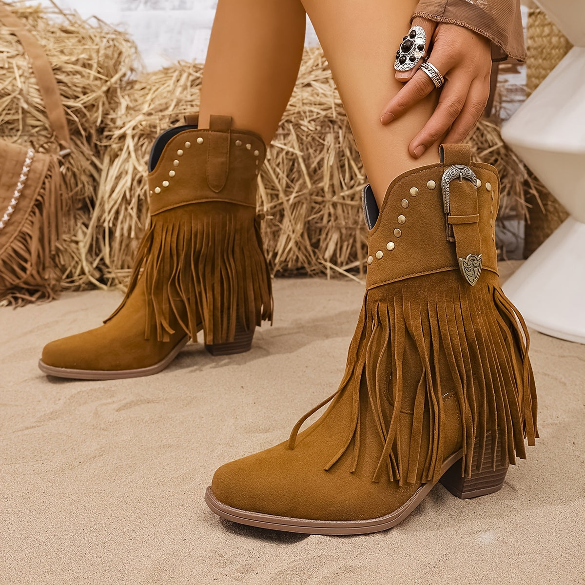 Women's Black Boots with Block Heel and Embroidery | Size 5.5-12 | Light Brown, Black