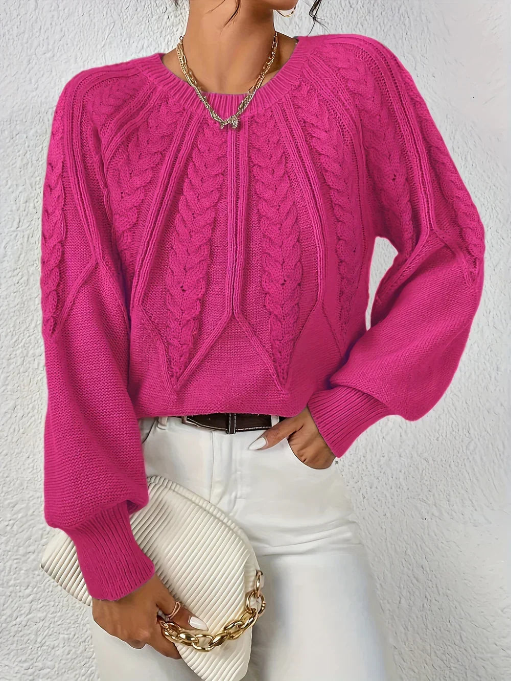 Women's Cable Knit Pullover Sweater | Raised Cable Texture, Classic Crew Neck, Relaxed Fit | Sizes S-3XL | 10 Colors