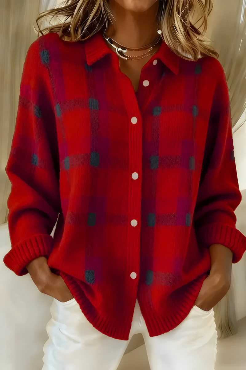 Women's Plaid Button-Up Knit Cardigan | Shirt Collar, Ribbed Cuffs, Relaxed Layering Fit, Sizes S-5XL | 7 Colors