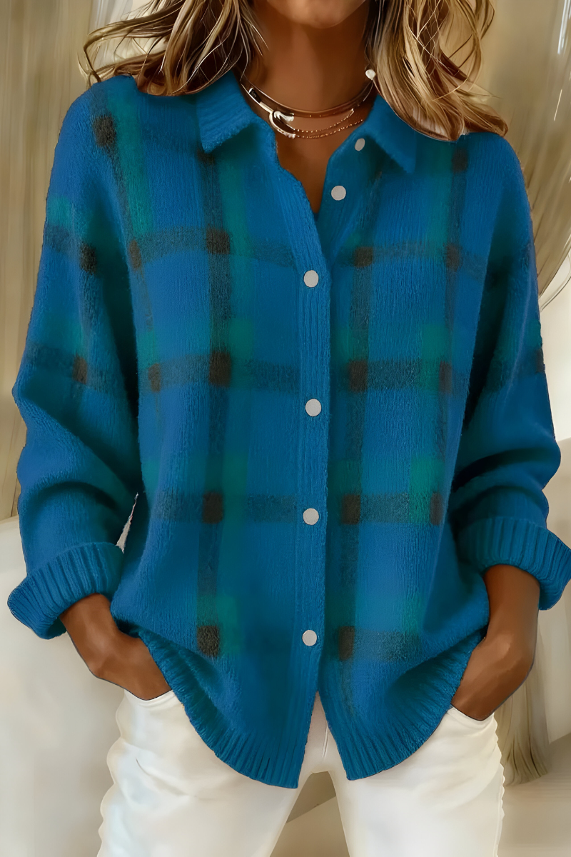 Women's Plaid Button-Up Knit Cardigan | Shirt Collar, Ribbed Cuffs, Relaxed Layering Fit, Sizes S-5XL | 7 Colors