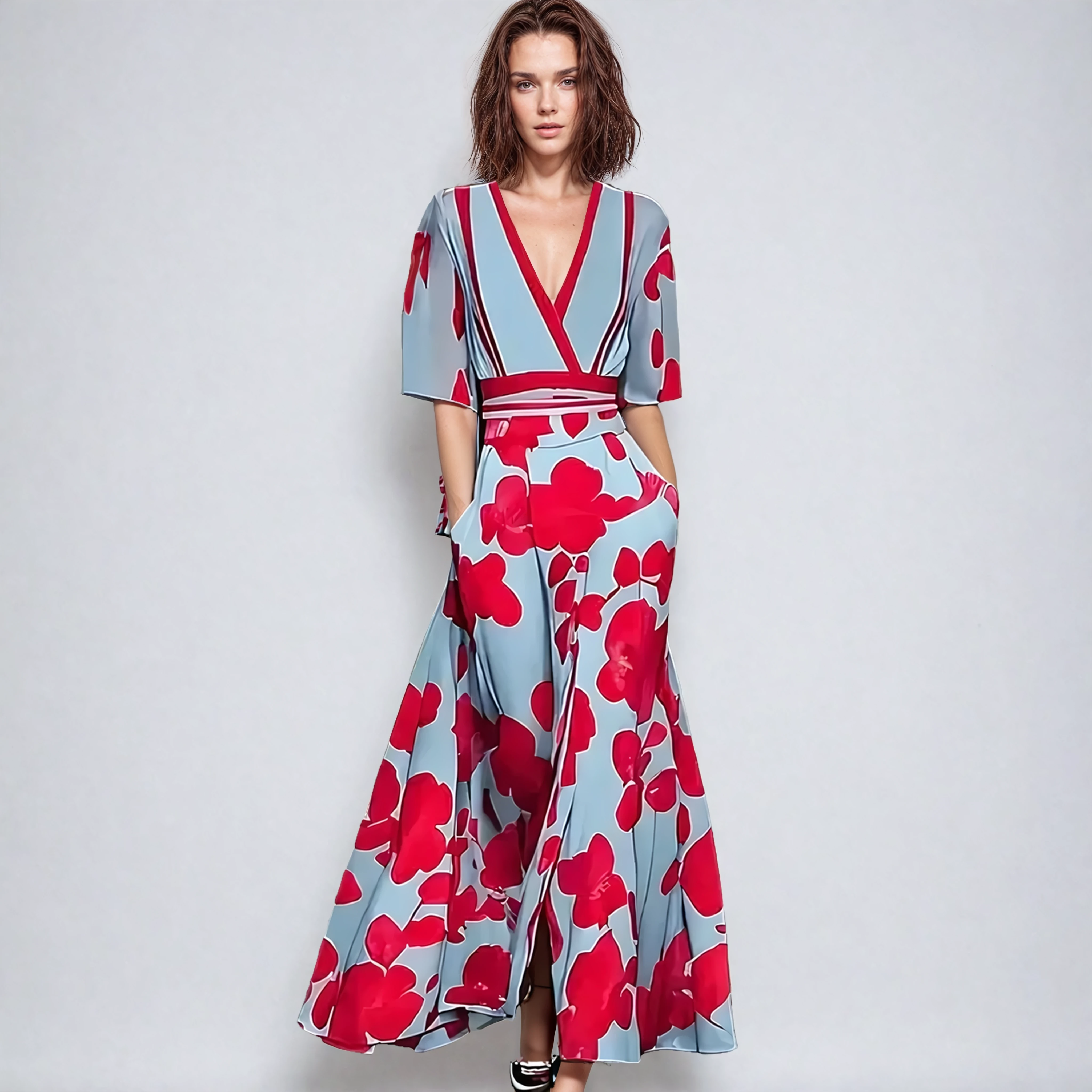 Floral Print A-Line Maxi Dress with V-Neckline