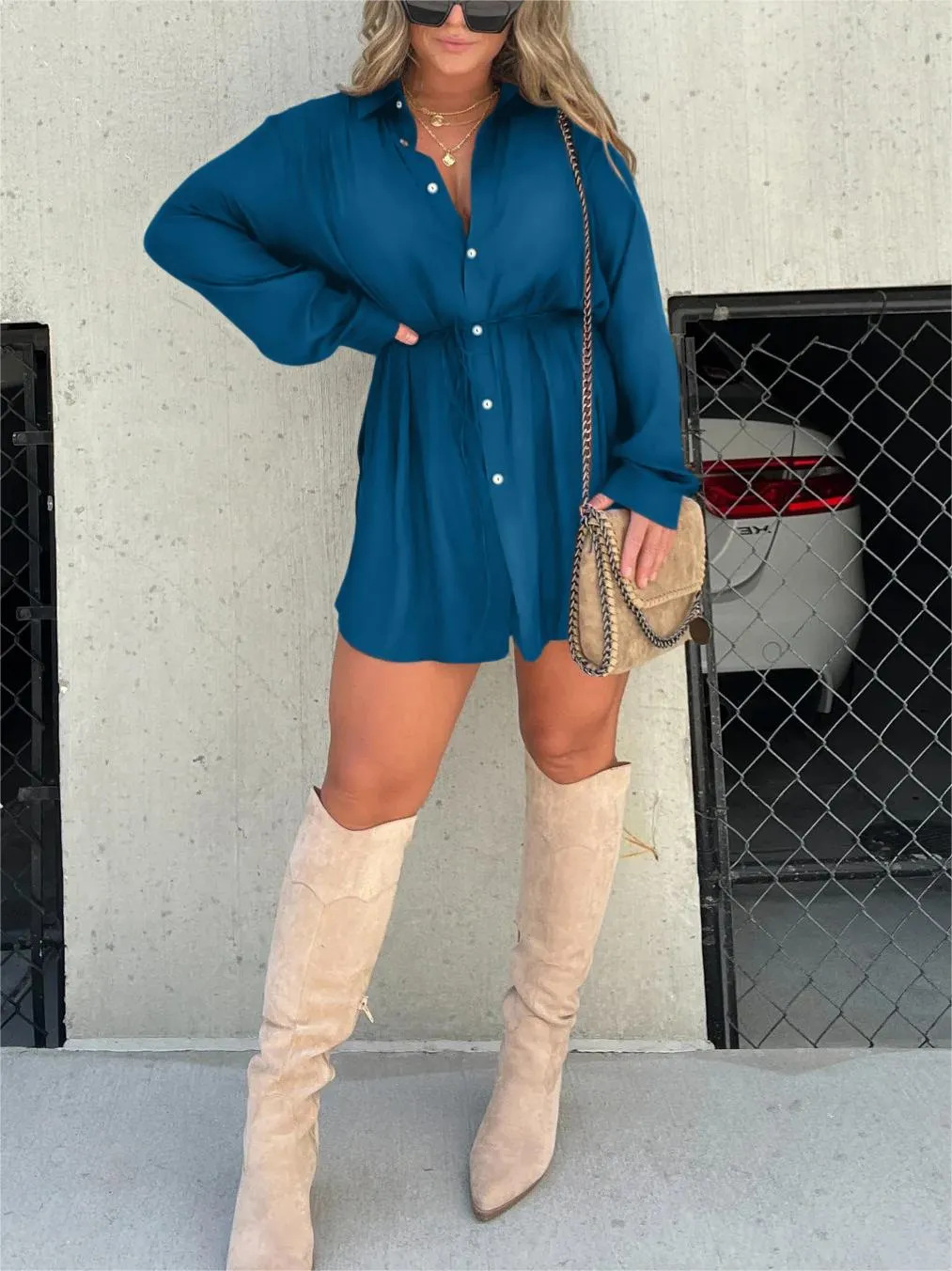 Women's Button-Down Shirt Dress | Classic Collar, Long Sleeves, Relaxed Everyday Fit | Sizes S-XL | 10 Colorways