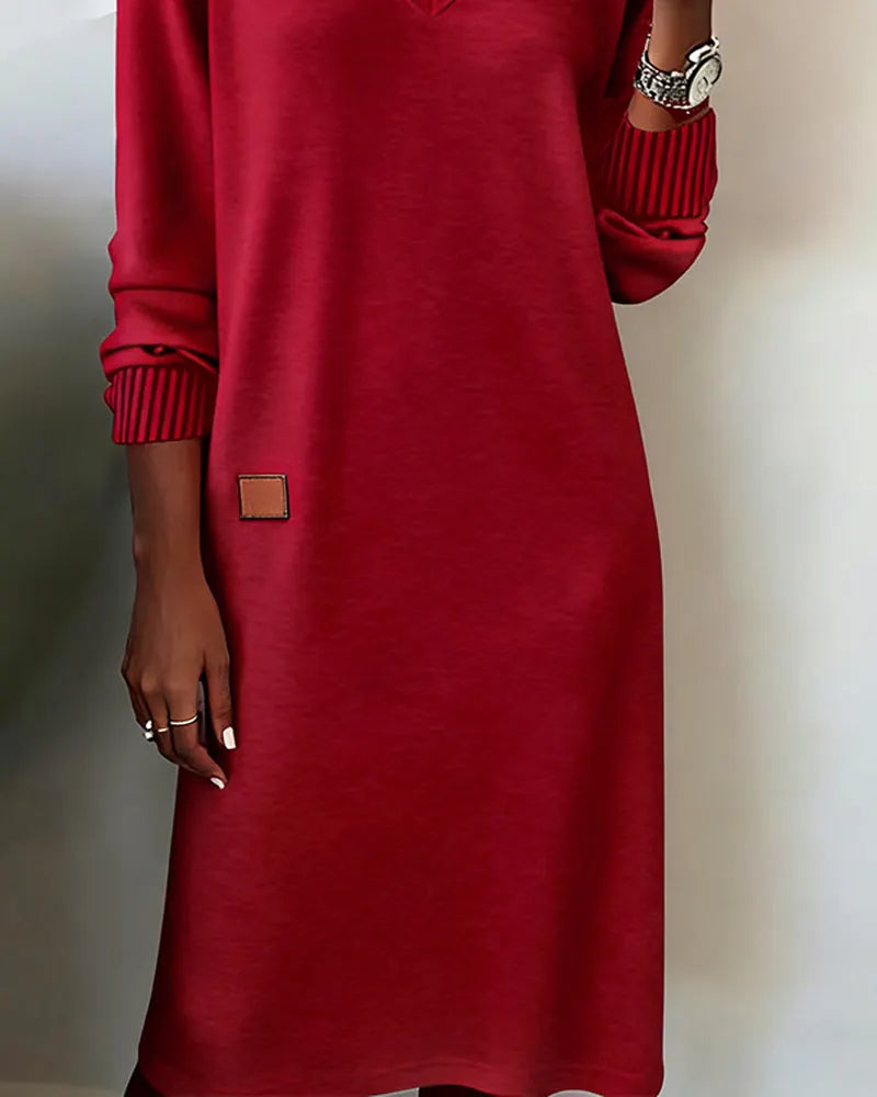 Women's Winter Sweater Dress with Deep V Neck | Relaxed Straight Knit, Ribbed Cuffs, Knee Length | Sizes S-3XL, 3 Colors