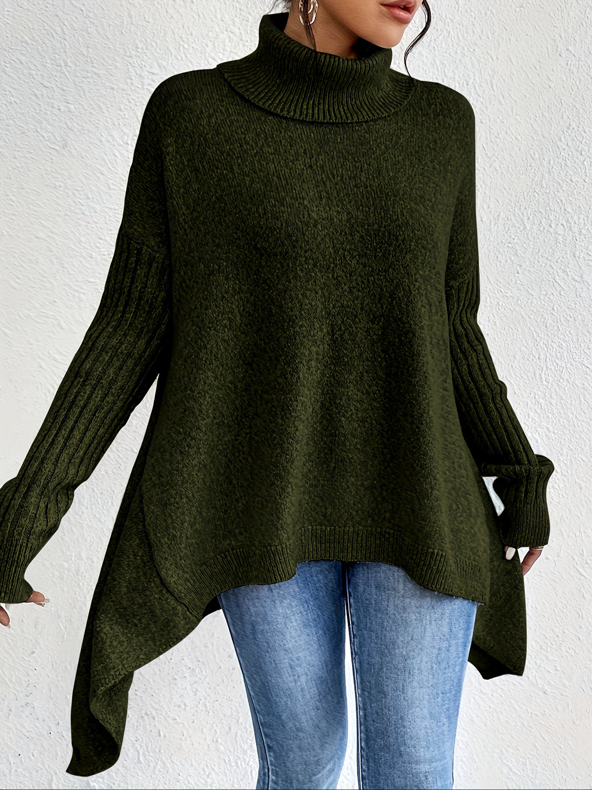 Women's Oversized Turtleneck Knit Sweater | Angled Asymmetric Hem, Ribbed Cuffs, Relaxed Slouchy Fit | 5 Colors